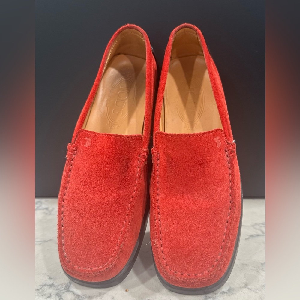 Tod's Gommino Red Suede Slip-On Loafers. Size 37